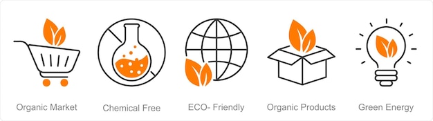 Vector a set of 5 organic farming icons as organic market chemical free eco friendly