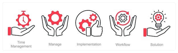 a set of 5 project management icons as time management manage implementation