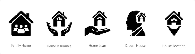 A set of 5 Real Estate icons such as Family Home Home Insurance