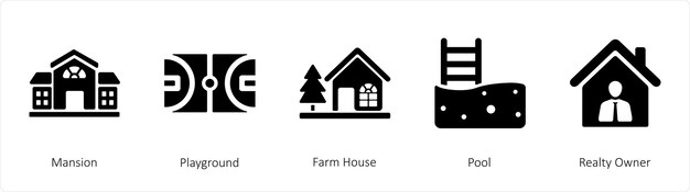 A set of 5 Real Estate icons such as Mansion Playground Farm House