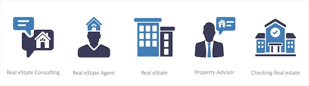 Un set di 5 icone immobiliari come real estate consulting real estate agent