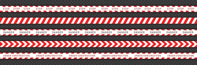 Set of 5 red tapes with white stripes for construction works or crime scene. Seamless warning line