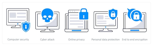 a set of 5 security icons as computer security cyber attack online privacy