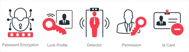 Vector a set of 5 security icons as password encryption lock profile detector