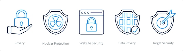 Набор из 5 значков безопасности, таких как ядерная защита конфиденциальности.