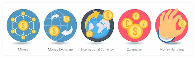 a set of 5 shopping icons as money money exchange international currency