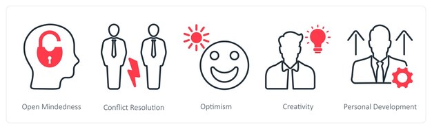 a set of 5 soft skills icons as open mindedness conflict resolution optimism