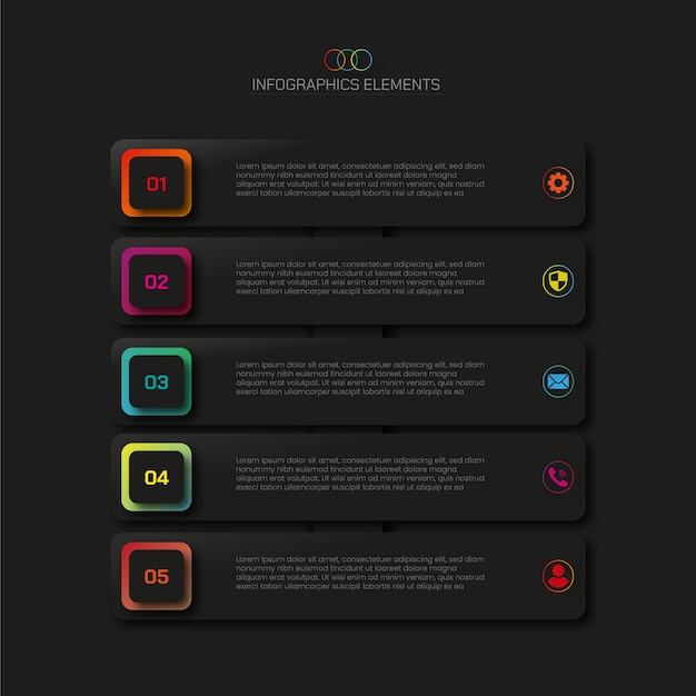 A set of 5 steps dark business infographic element with dark glow effect