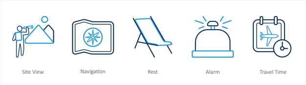 A set of 5 travel and vacation icons such as site view navigation rest