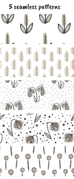 Set of 5 vector patterns with flowers and plants.