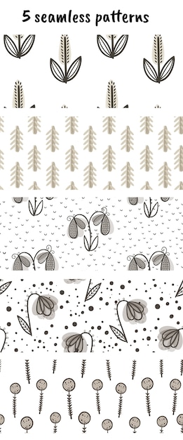 Set of 5 vector patterns with flowers and plants. 