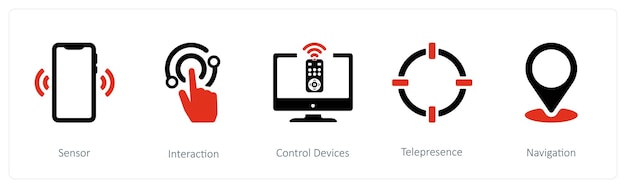 a set of 5 virtual reality icons such as censor interaction and control devices