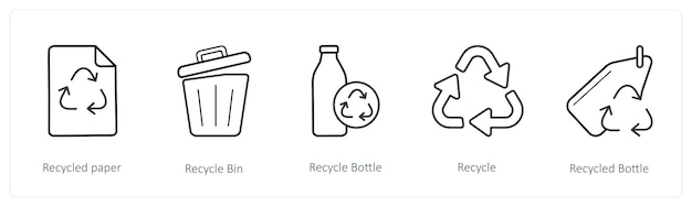 a set of 5 weather icons such as recycle paper recycle bin