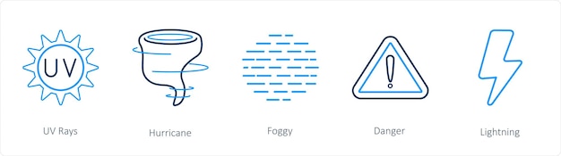 Un set di 5 icone meteorologiche come i raggi uv, l'uragano nebbioso