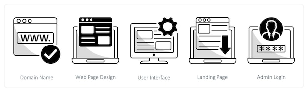 a set of 5 web design icons as domain name web page design user interface