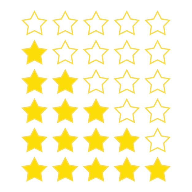Набор из 5 желтых звезд на белом фоне. Рейтинг пять звезд.
