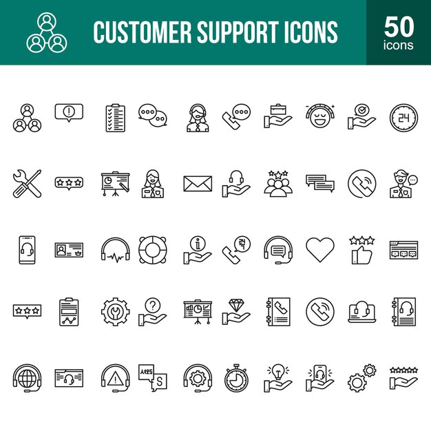 Vector set of 50 customer support icons in line style