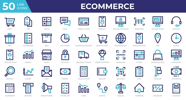 Set of 50 Ecommerce web icons in colored line style Credit card profit invoice Colored outline icons collection Vector illustration