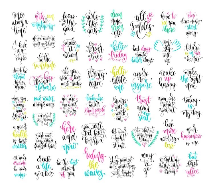 Vector set of 50 hand lettering positive quote motivation and inspiration phrases design