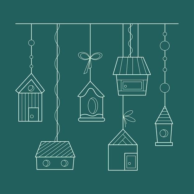 Set of 6 birdhouses hanging on strings Doodle vector color illustration