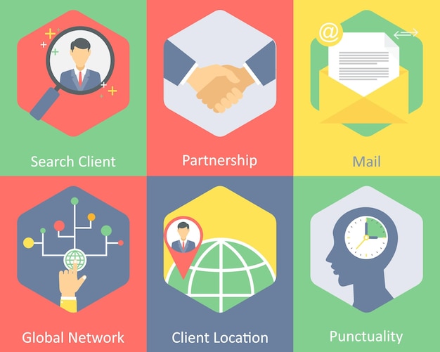 A set of 6 business icons as search client partnership deal