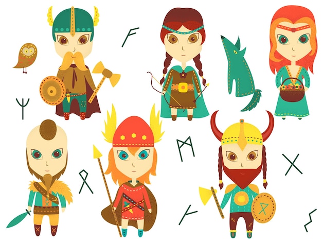 Vector set of 6 cartoon vikings on white background