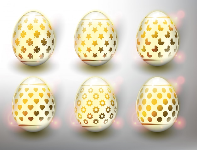 Vector set of 6 color easter eggs. pastel color easter eggs with golden design. isolated on the white panel.