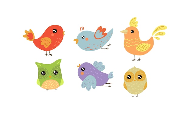 Vector set of 6 colorful little birds lovely creatures with small wings fauna theme graphic elements for greeting card or children book vector illustrations in flat style isolated on white background