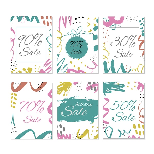 Set of 6 creative sale holiday website banner templates. Christmas and New Year hand drawn illustrations for social media banners, posters, email and newsletter designs, ads, promotional material.