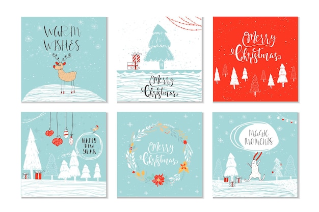 Vector set of 6 cute christmas gift cards with quote merry christmas, merry and bright, warm wishes, magic moments. easy editable template. cute  illustration for card, poster, t-shirt, banner.