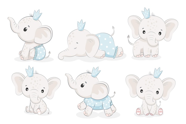 Set of 6 cute elephant boys. Vector illustration of a cartoo