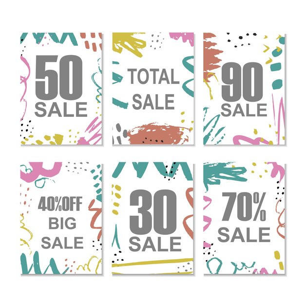 Set of 6 discount cards design. Can be used for social media sale website, banners, posters, flyers, email, newsletter, ads, promotional material. Mobile banner templates.
