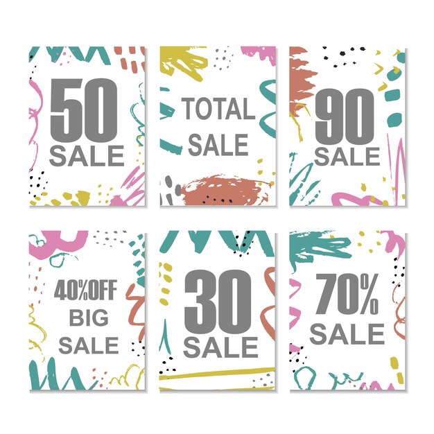 Set of 6 discount cards design. can be used for social media sale website, banners, posters, flyers, email, newsletter, ads, promotional material. mobile banner templates.