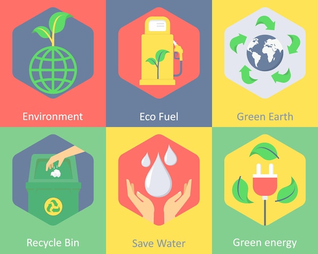 A set of 6 ecology icons as environment eco fuel green earth recycle bin