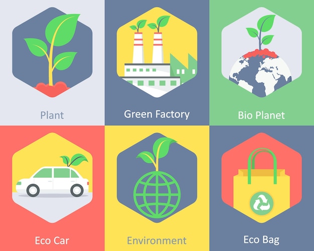 A set of 6 ecology icons as plant green factory bio planet