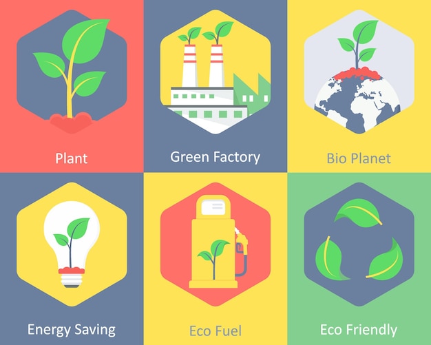 A set of 6 ecology icons as plant green factory bio planet