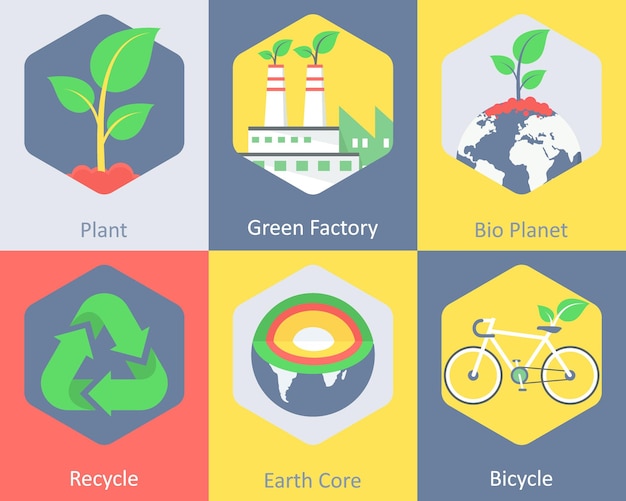 Un set di 6 icone ecologiche come pianta verde fabbrica bio pianeta