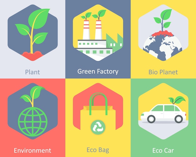 A set of 6 ecology icons as plant green factory bio planet