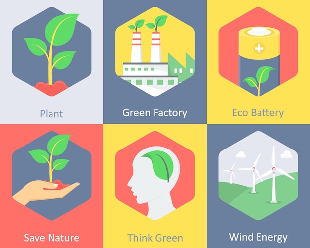 6 개의 생태 아이콘 세트: 식물 녹색 공장 생태 배터리 자연을 구합니다.