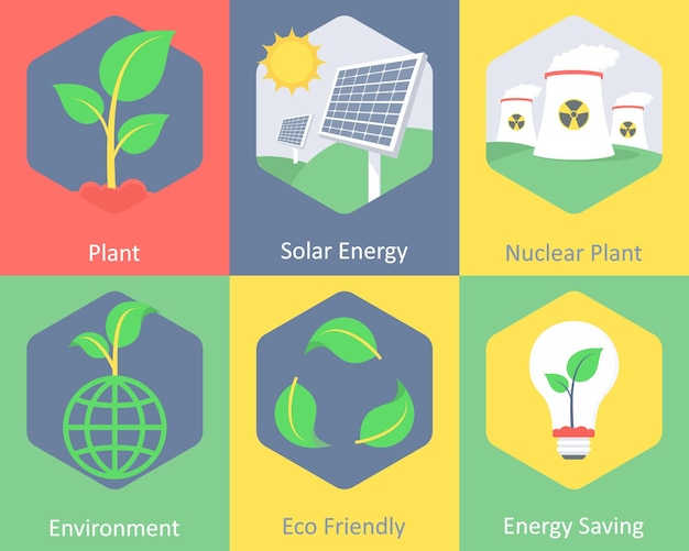 Vector a set of 6 ecology icons as plant solar energy nuclear plant