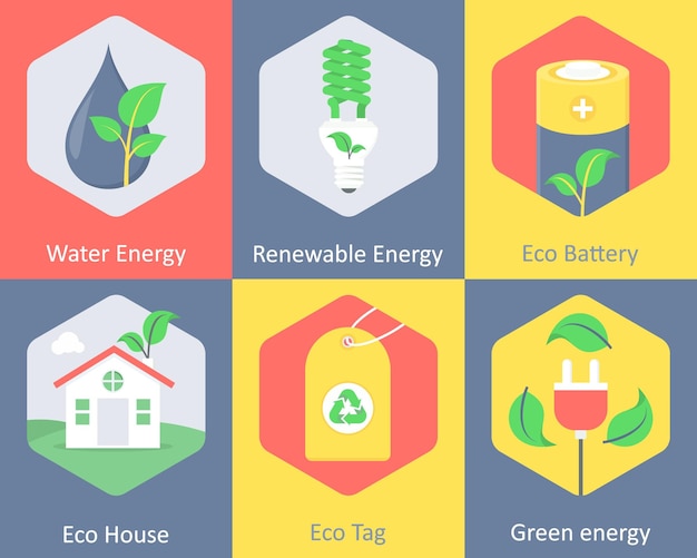 A set of 6 ecology icons as water energy renewable solar eco battery