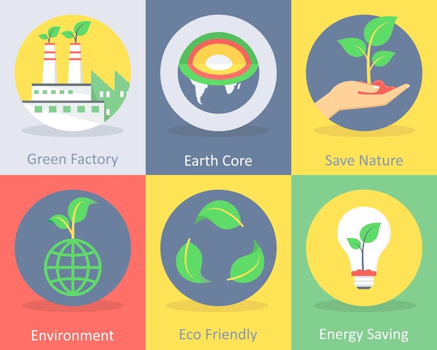 Vector a set of 6 ecology icons such as green factory earth core