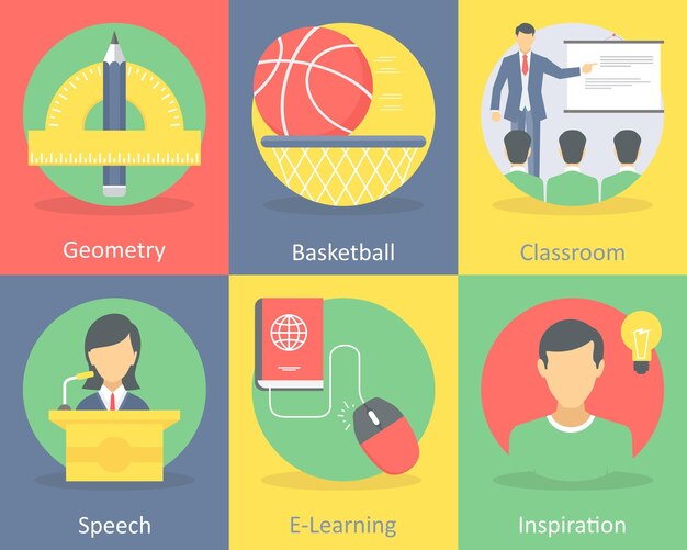 A set of 6 education flat icons such as geometry basket ball