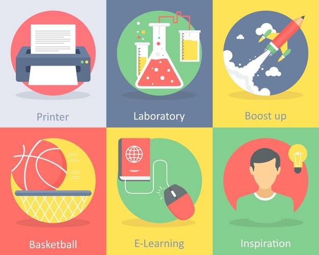 A set of 6 education flat icons such as printer laboratory