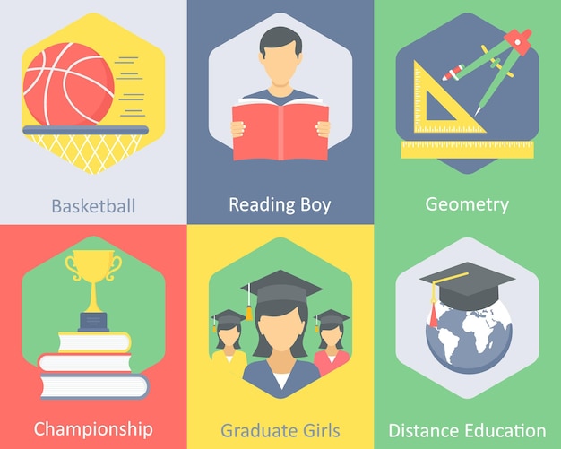 A set of 6 Education icons as basket ball reading boy geometry