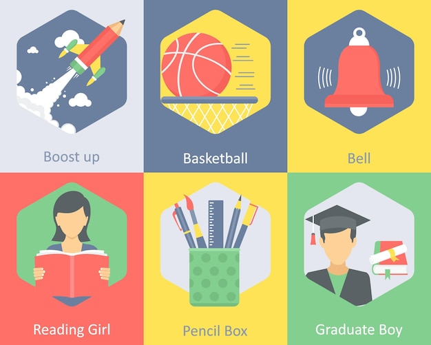 A set of 6 education icons as boost up start up basket ball