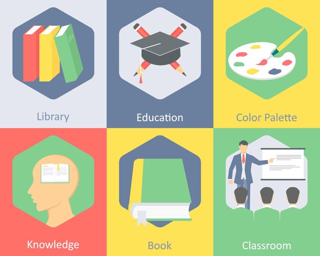 A set of 6 Education icons as library education color palette