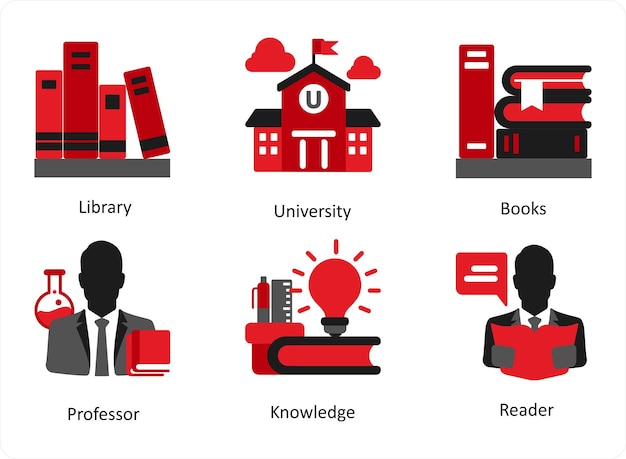 6 つの教育アイコンを図書館の大学本としてセット