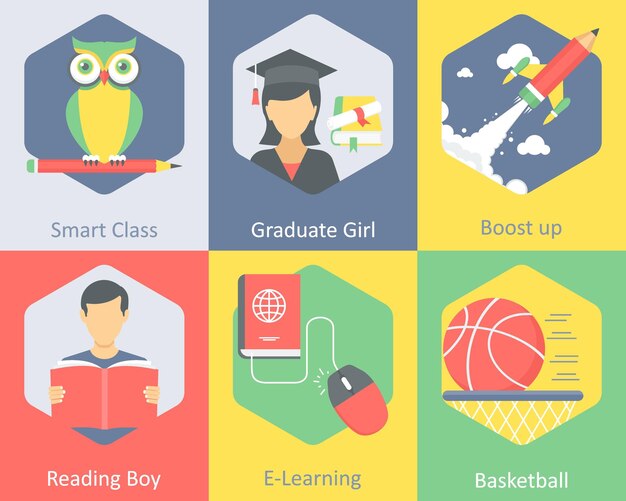 A set of 6 Education icons as smart class graduate girl boost up