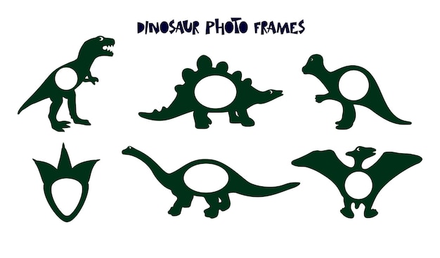 Vector set of 6 frame border of dinosaur silhouettes, footprint. shapes of wild prehistoric animals.